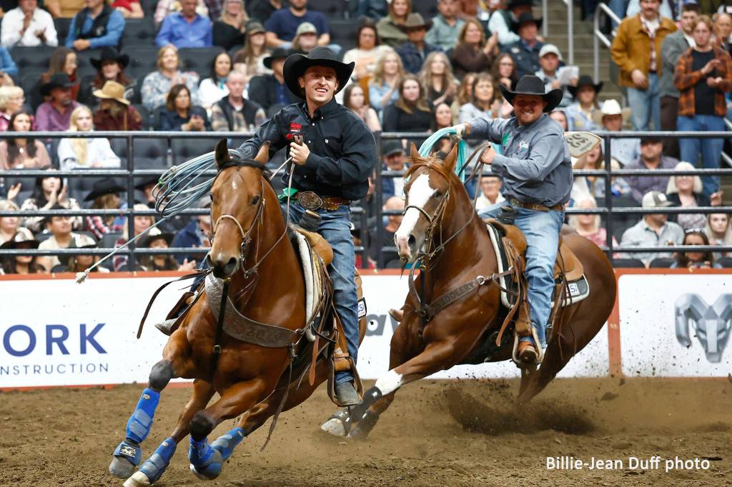 Canadian team roping champs Kash Bonnett and Logan Cullen of Ponoka at the Canadian Finals Rodeo at Rogers Place in Edmonton Oct. 2. (Photo by Billie-Jean Duff)
